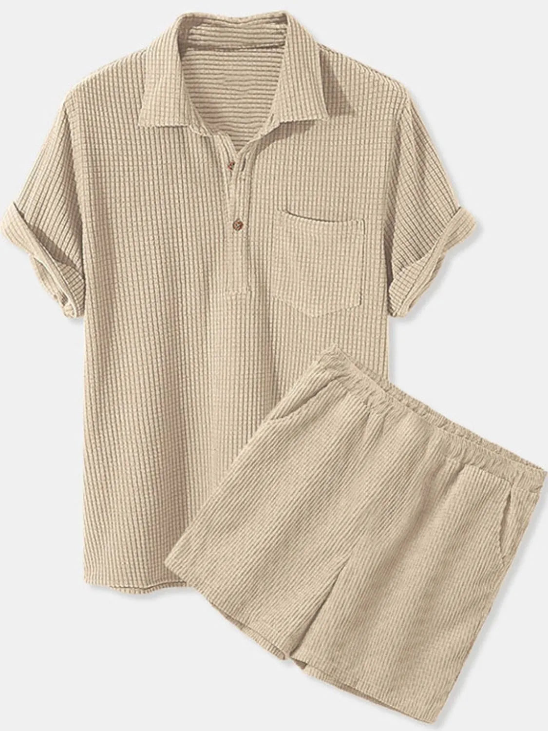 Men's Full Size Button Detail Short Sleeve Top and Shorts Set Plus Size Apricot - Fashorio