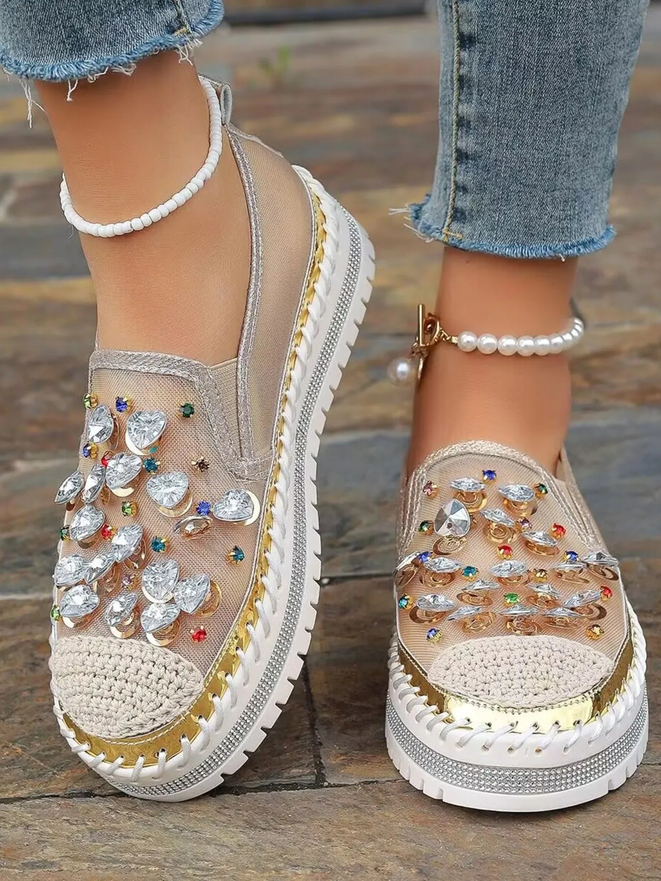 Rhinestone Round Toe Platform Loafers - Fashorio