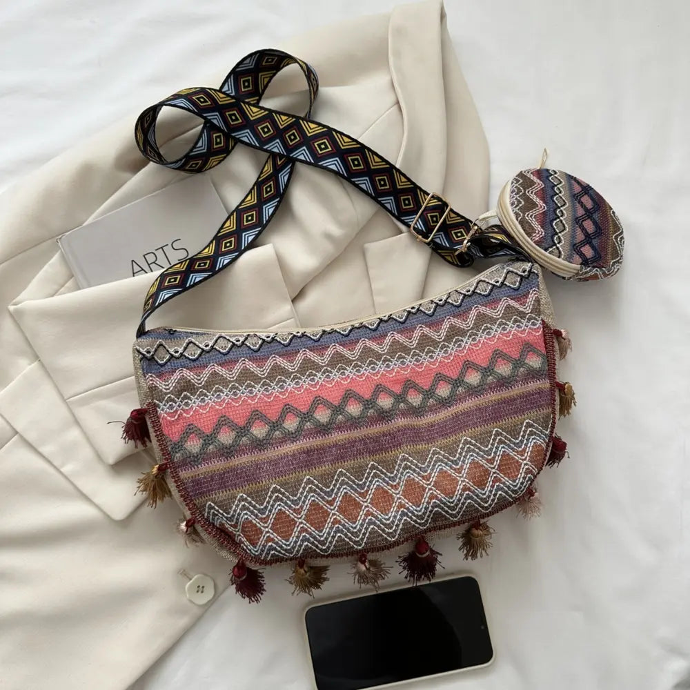 Printed Tassel Detail Crossbody Bag with Small Purse - Fashorio