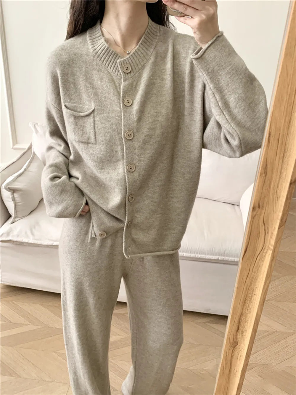 Pocketed Round Neck Button Up Cardigan and Pants Sweater Set Khaki One Size - Fashorio