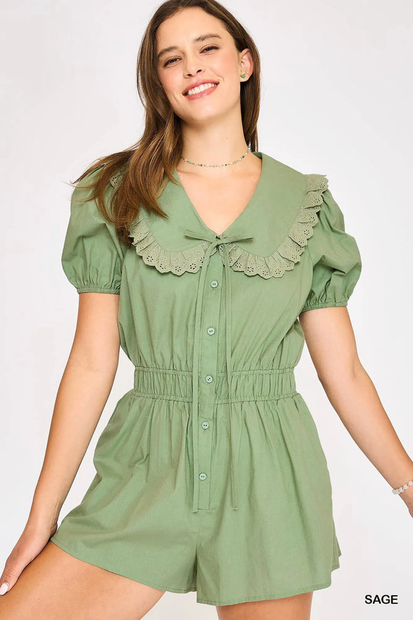 Umgee Collared Short Sleeve Button Down Romper Sage - Fashorio