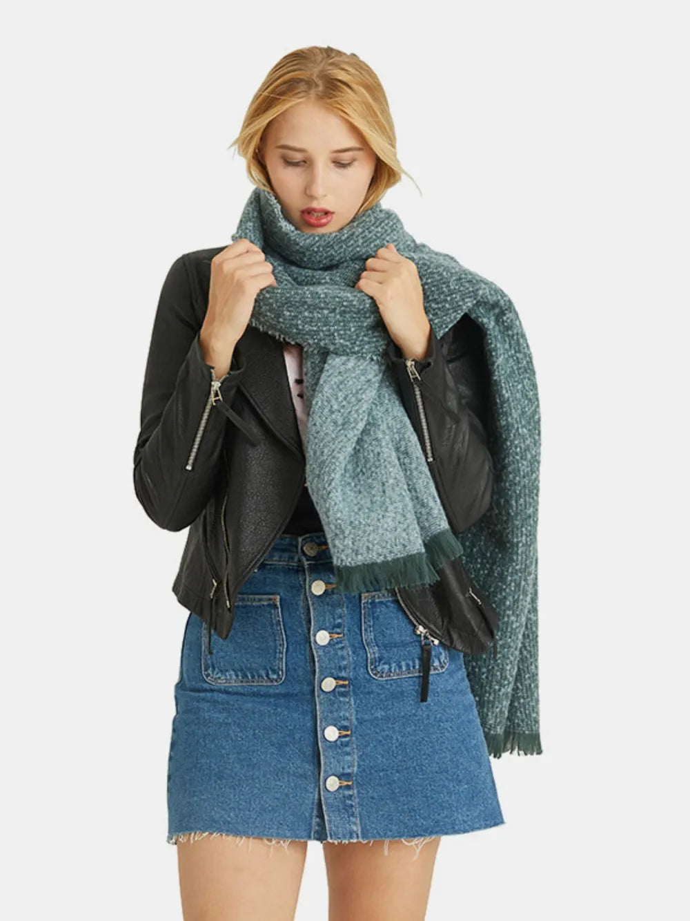 Raw Hem Heathered Polyester Scarf Deep Teal One Size - Fashorio