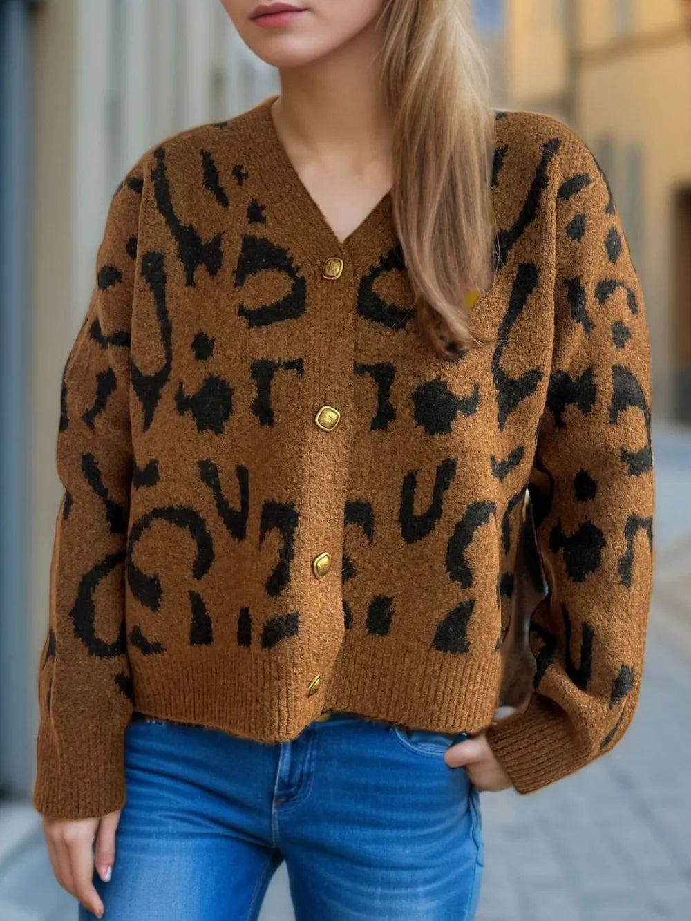 Leopard V-Neck Button Up Cardigan - Fashorio
