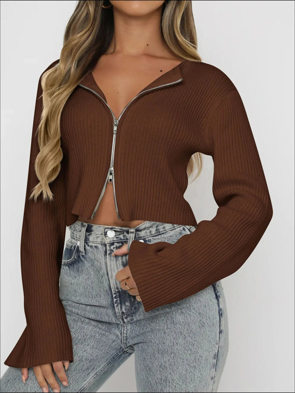 Ribbed Zip-Up Cropped Cardigan Brown - Fashorio