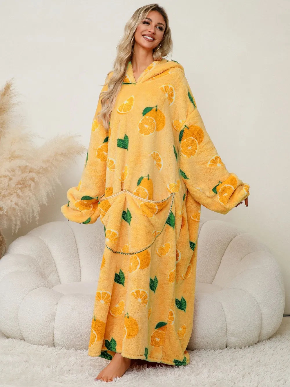 Fuzzy Pocketed Long Sleeve Hooded Lounge Dress - Fashorio