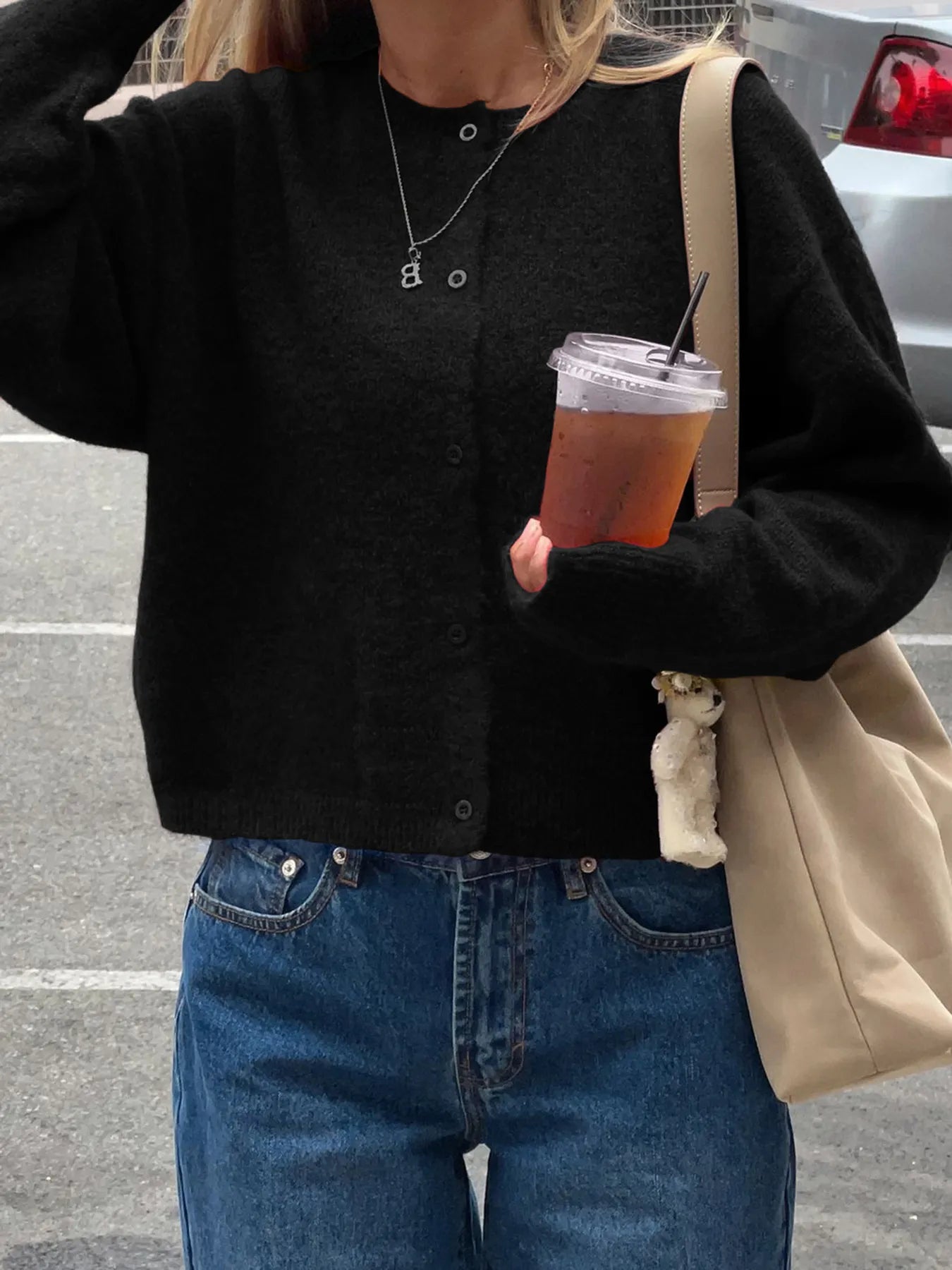 Button-Up Cropped Sweater Cardigan Black - Fashorio