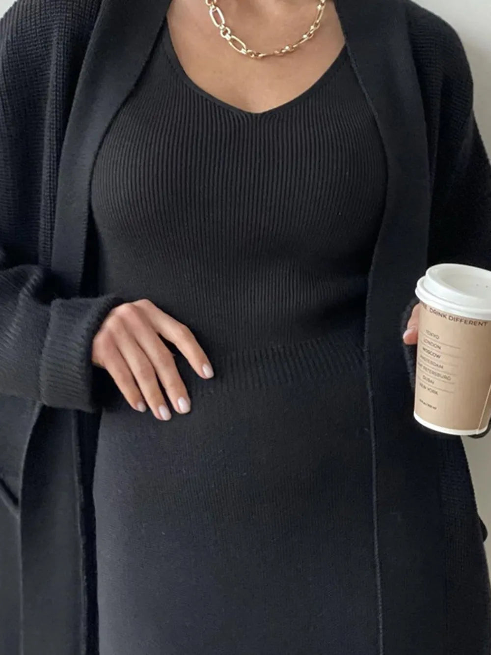 Pocketed Long Sleeve Cardigan and Skirt Sweater Set - Fashorio