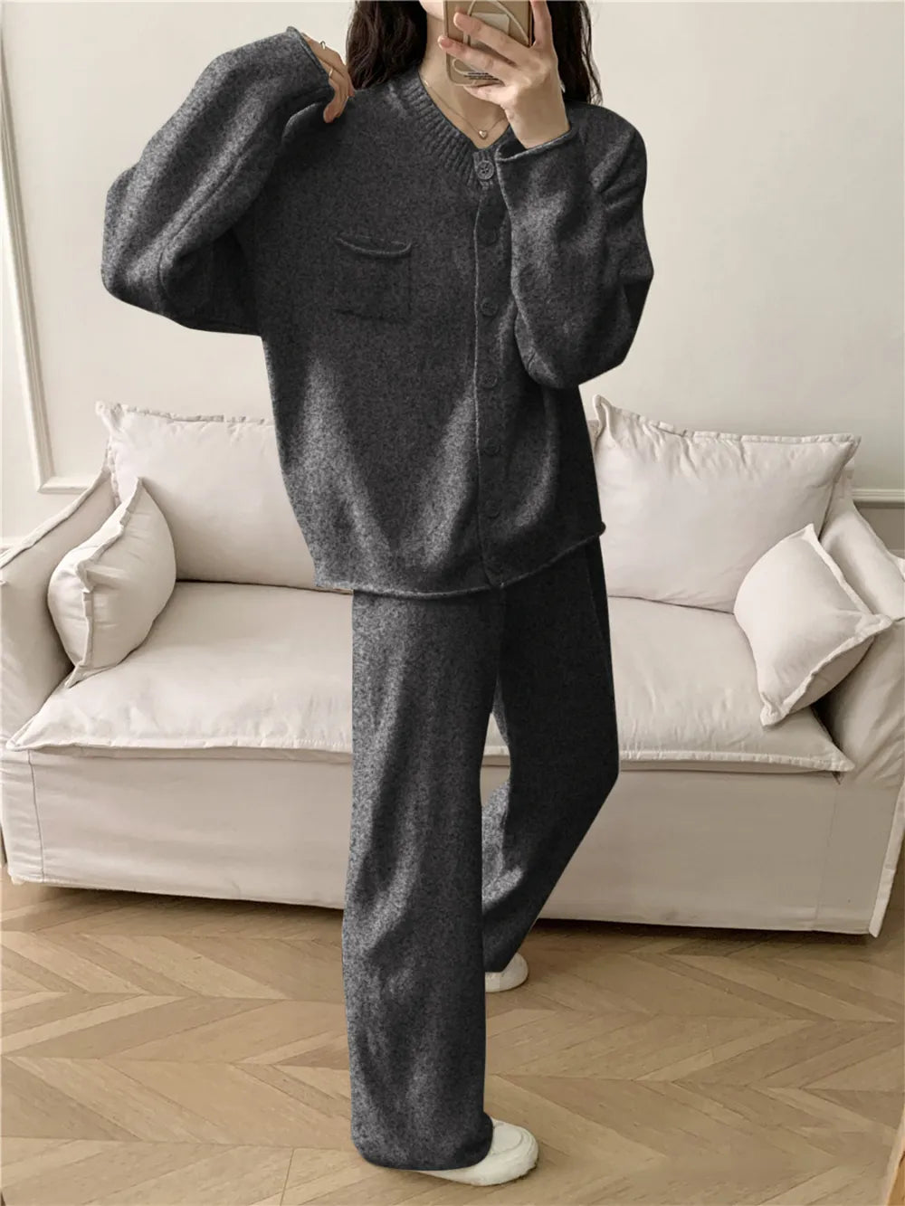 Pocketed Round Neck Button Up Cardigan and Pants Sweater Set - Fashorio