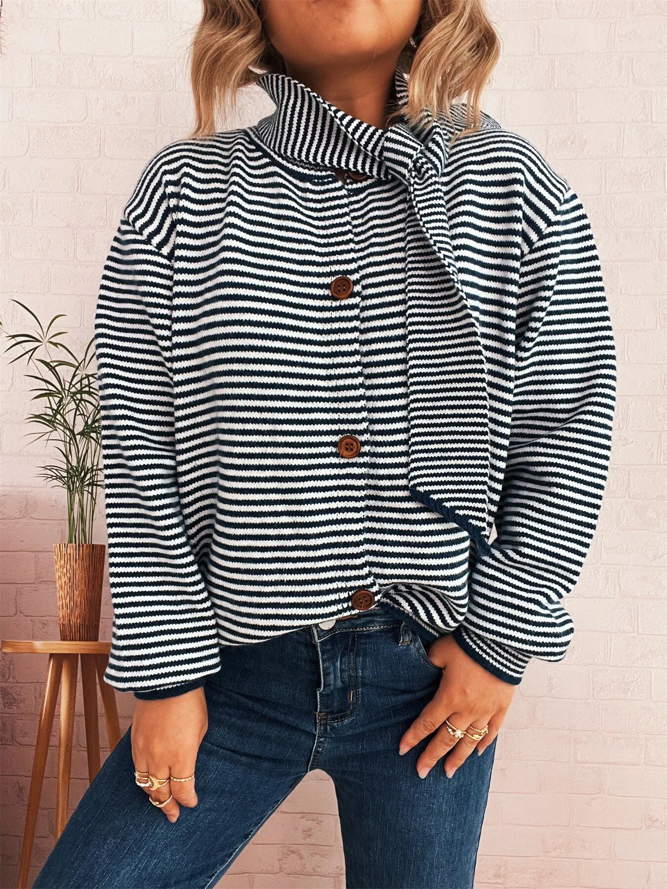 Striped Button Up Long Sleeve Cardigan - Fashorio