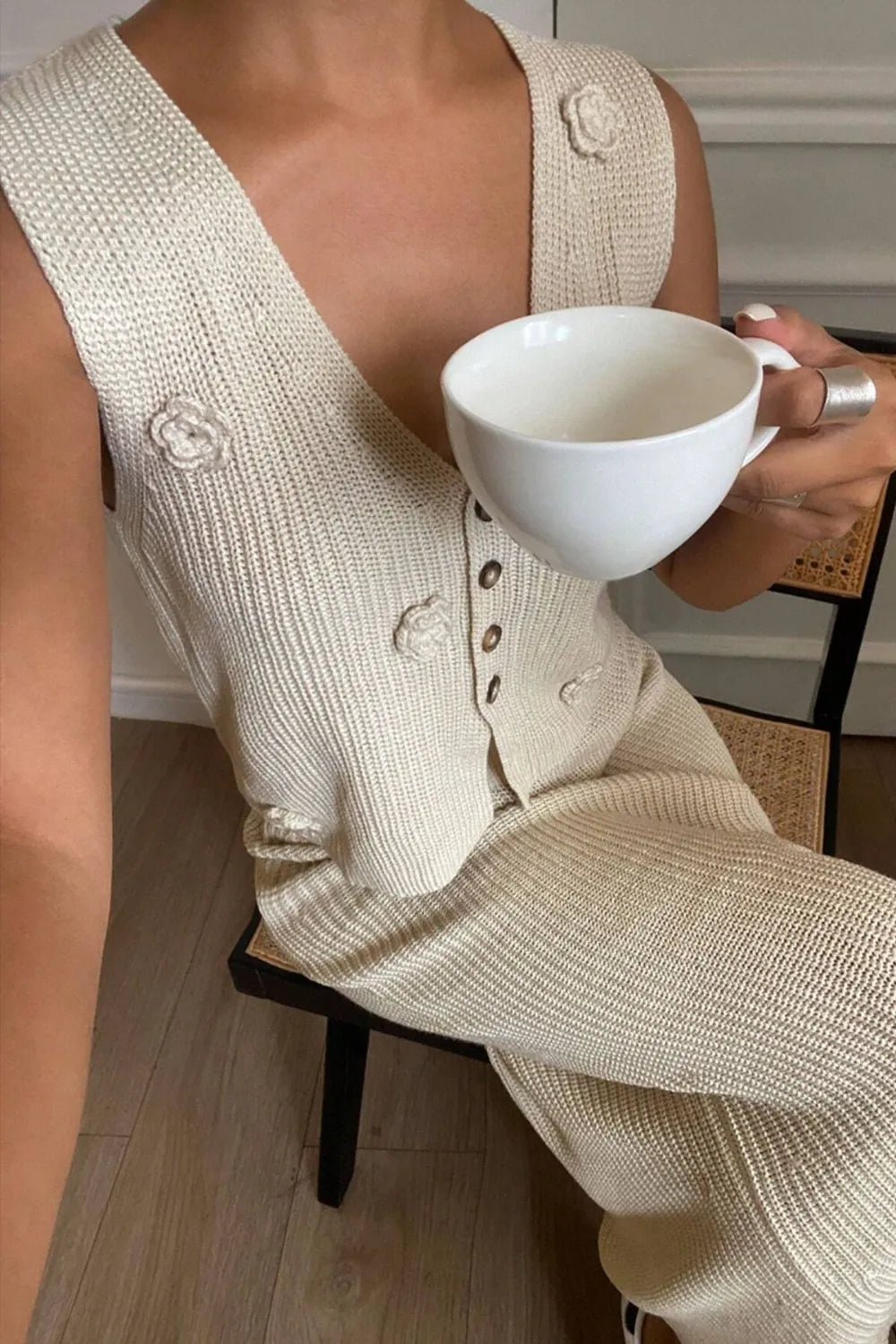 Flower V-Neck Vest and Skirt Sweater Set - Fashorio