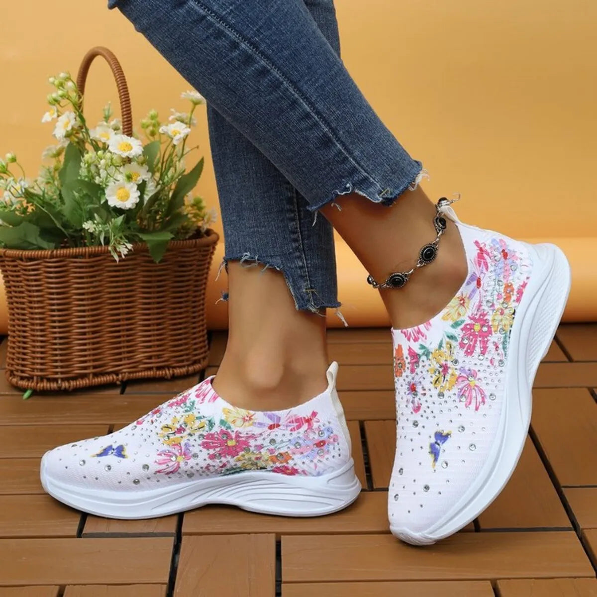 Rhinestone Floral Print Sneakers - Fashorio