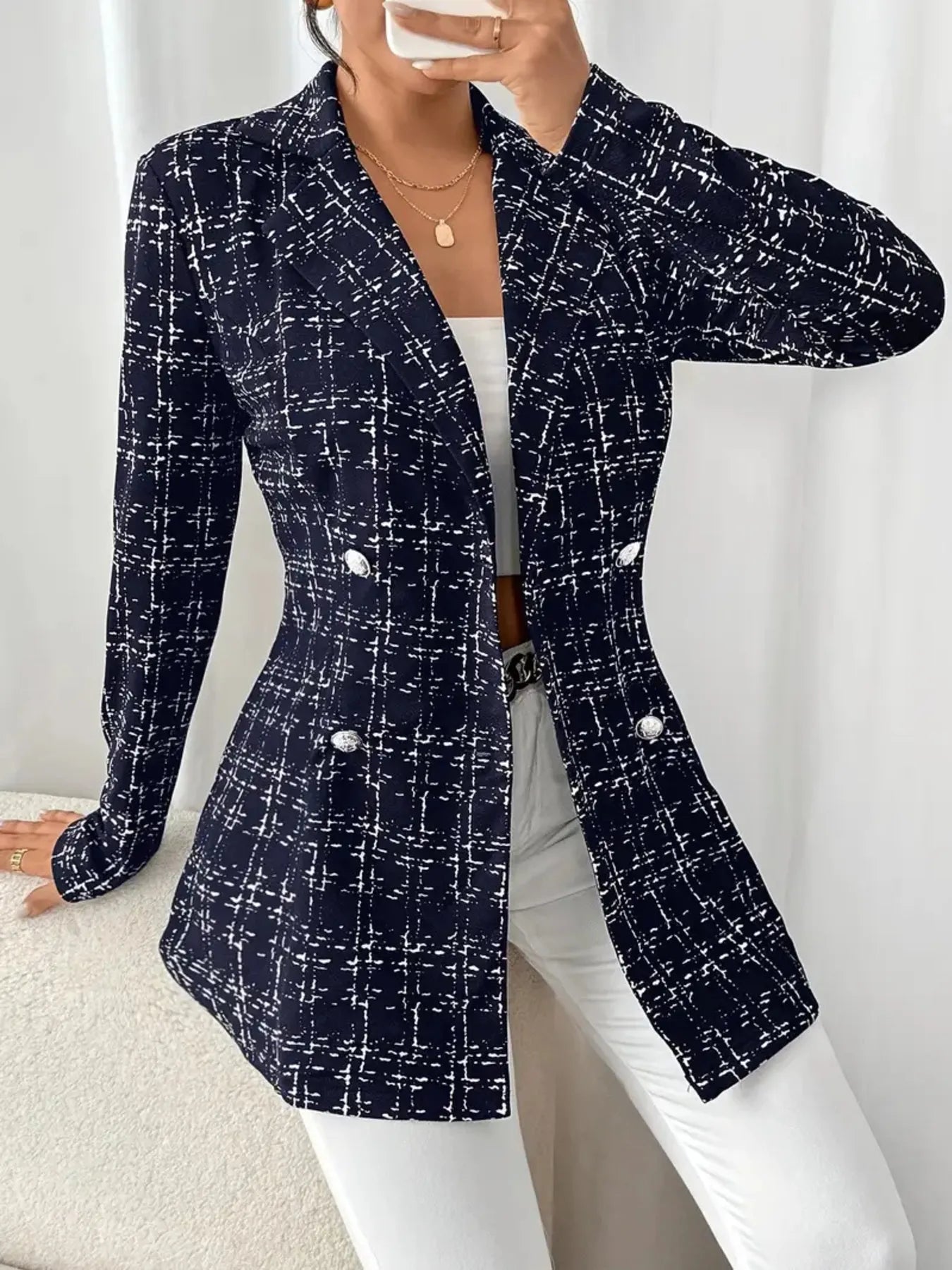 Tweed Double-Breasted Blazer Navy Blue - Fashorio
