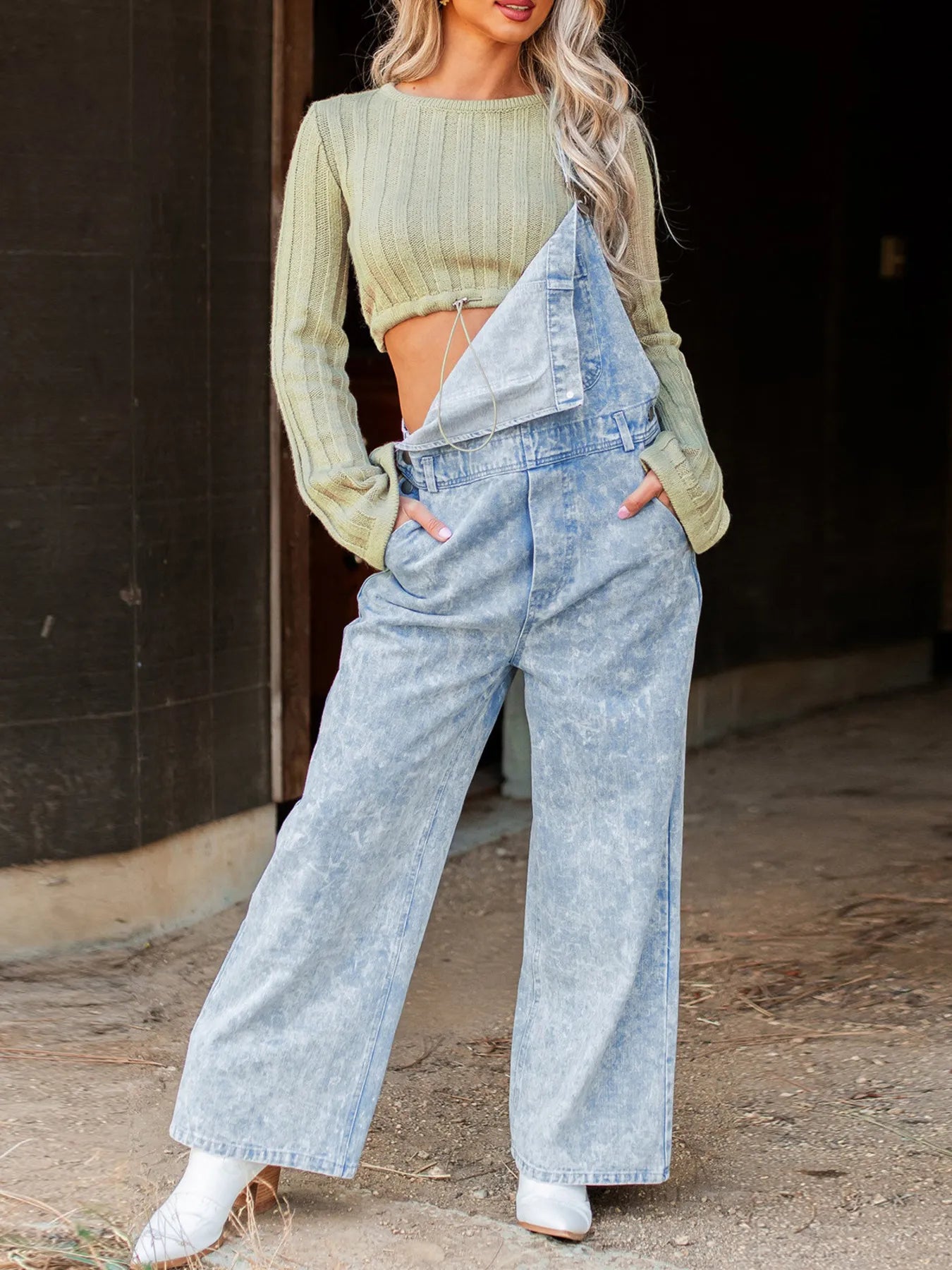 Vintage Washed Wide Leg Denim Overalls with Front Pockets - Fashorio