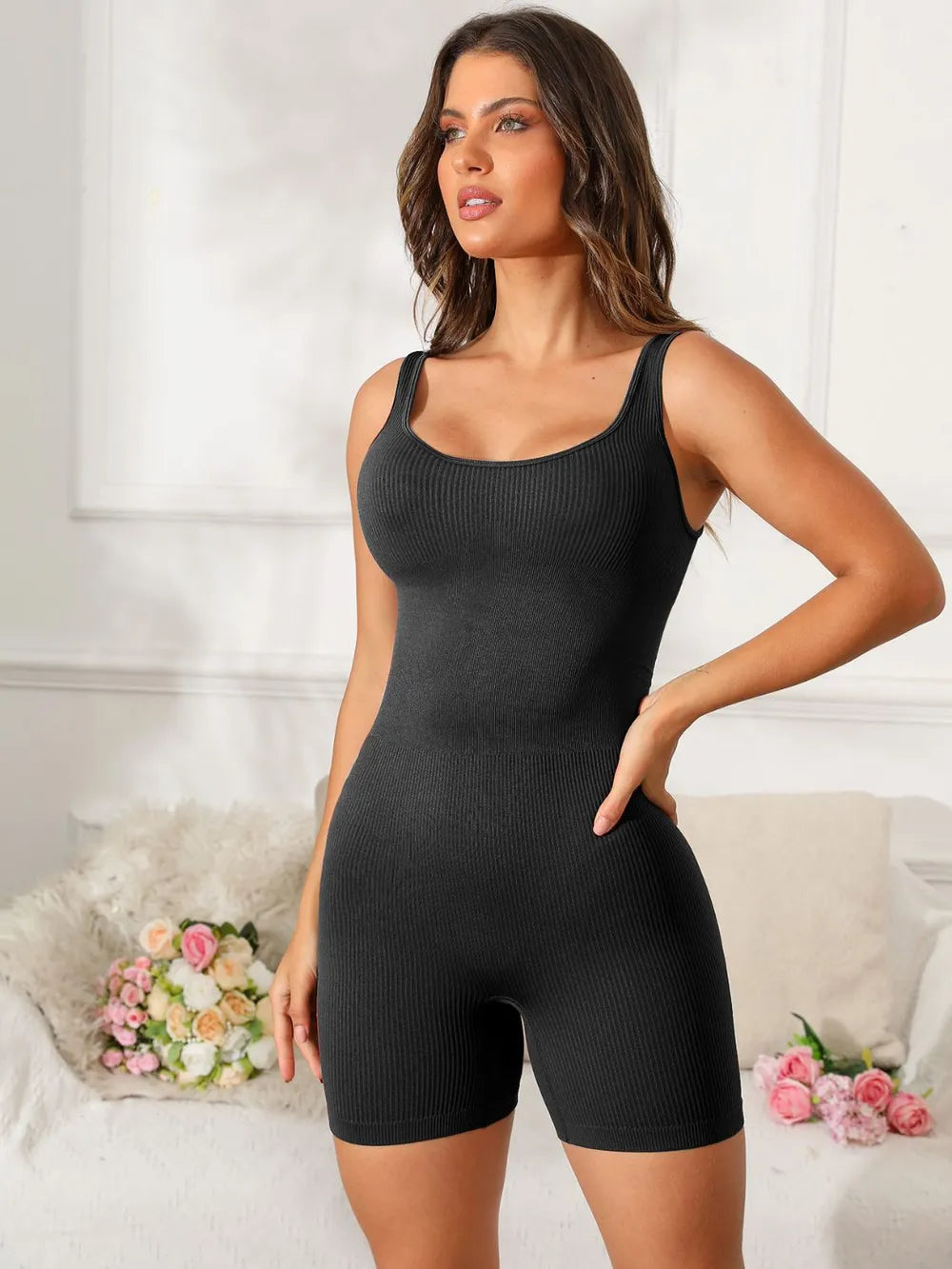 Scoop Neck Wide Strap Active Romper - Fashorio