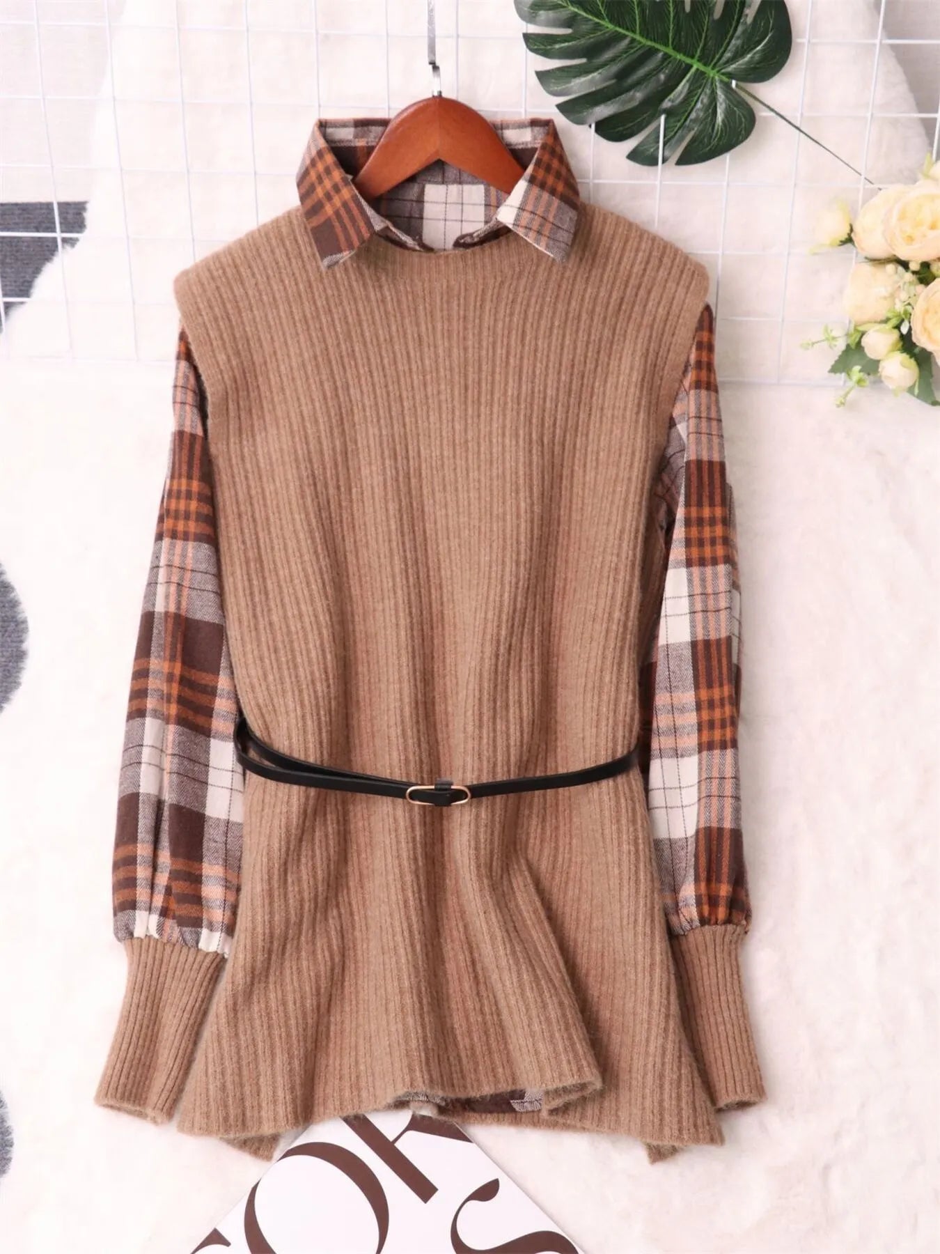 Plaid Long Sleeve Sweater Dress Brown One Size - Fashorio