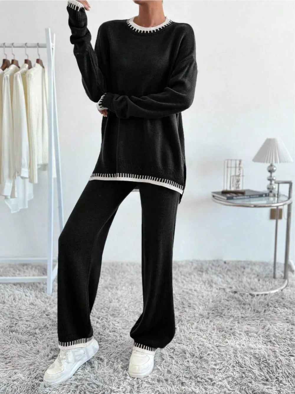 Side Slit Contrast Trim Round Neck Top and Pants Sweater Set - Fashorio