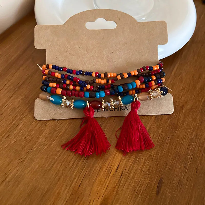 Tassel Rice Bead Bracelet Deep Red One Size - Fashorio