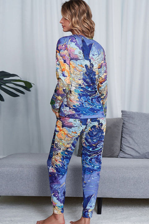 Shiny Tie-Dye Crewneck Top and Drawstring Waist Joggers Lounge Set - Fashorio
