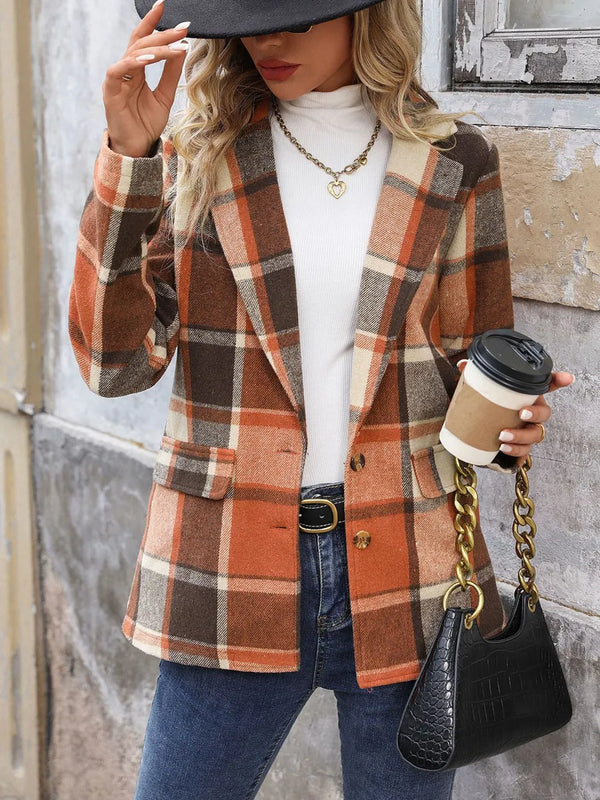 Perfee Plaid Button Down Lapel Collar Blazer Ochre - Fashorio