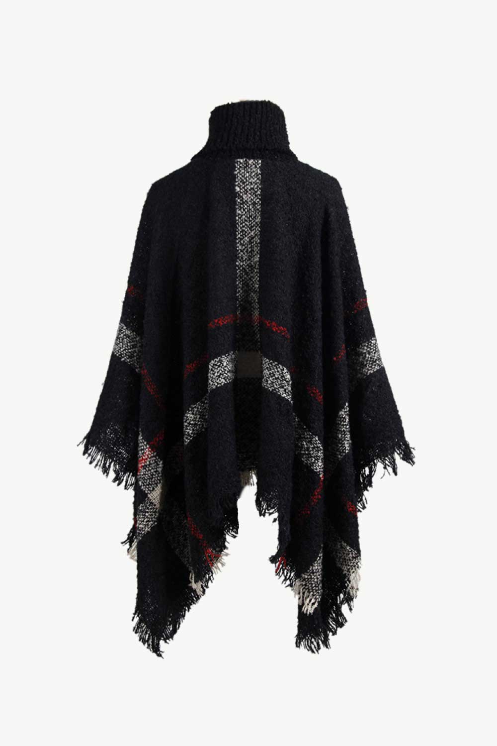 Plaid Turtleneck Raw Hem Poncho - Fashorio