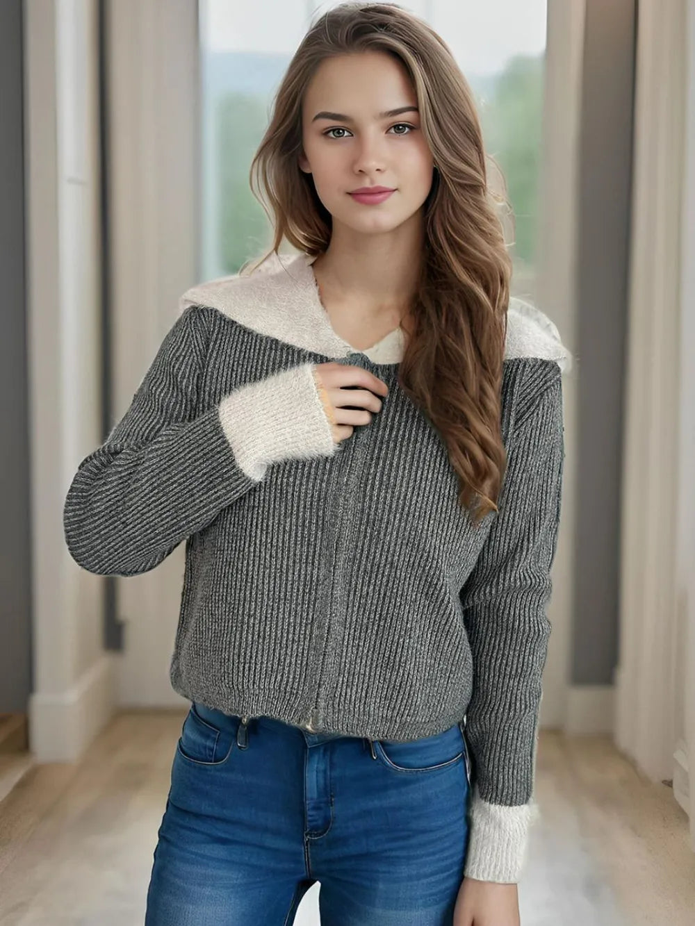Zip Up Collared Neck Long Sleeve Cardigan Dark Gray One Size - Fashorio