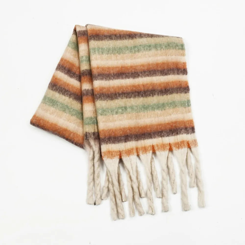 Fringe Contrast Striped Polyester Scarf Tan One Size - Fashorio