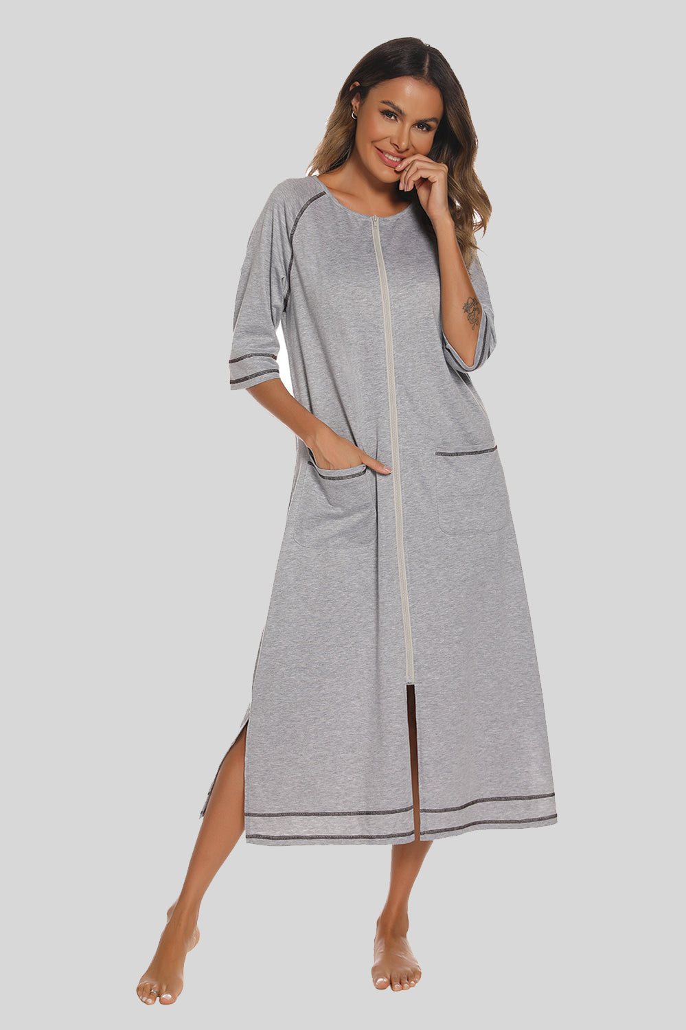 Zip Up Slit Round Neck Night Dress with Pockets Heather Gray - Fashorio