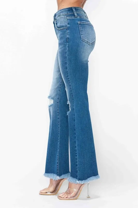 bytos Full Size Raw Hem Distressed High Rise Bootcut Jeans - Fashorio