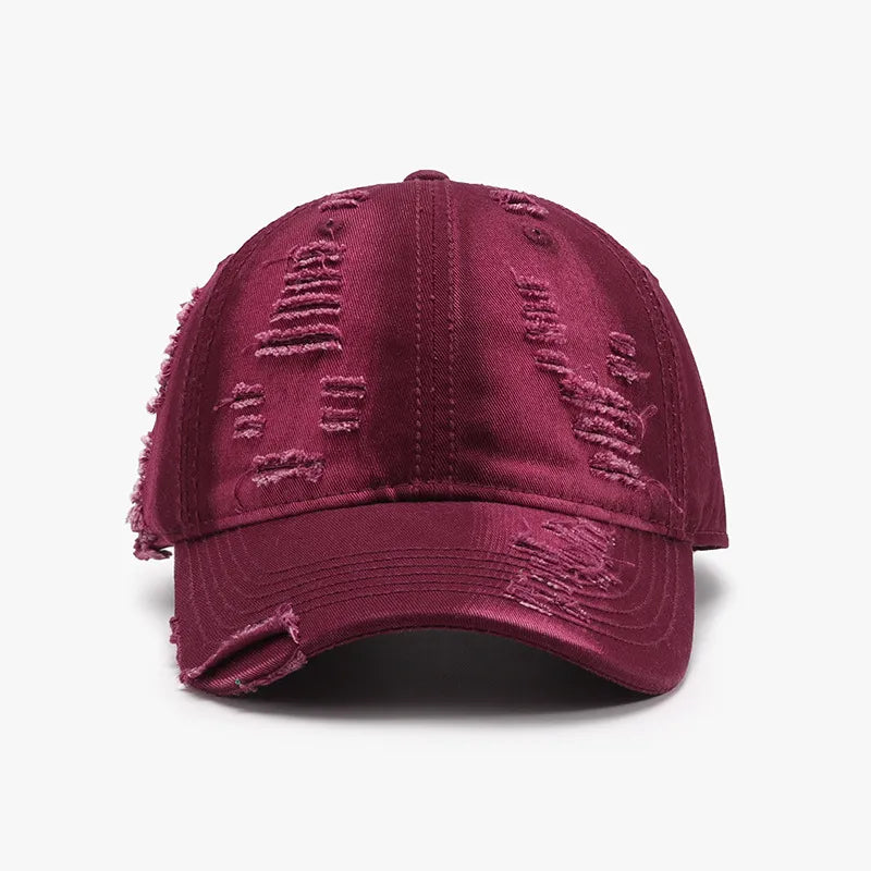 Distressed Adjustable Cotton Baseball Cap Burgundy One Size - Fashorio