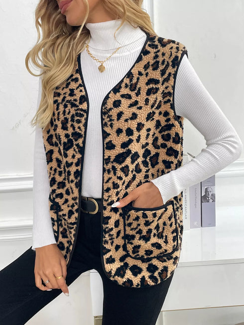 Leopard Fleece Vest Coat with Pockets - Fashorio