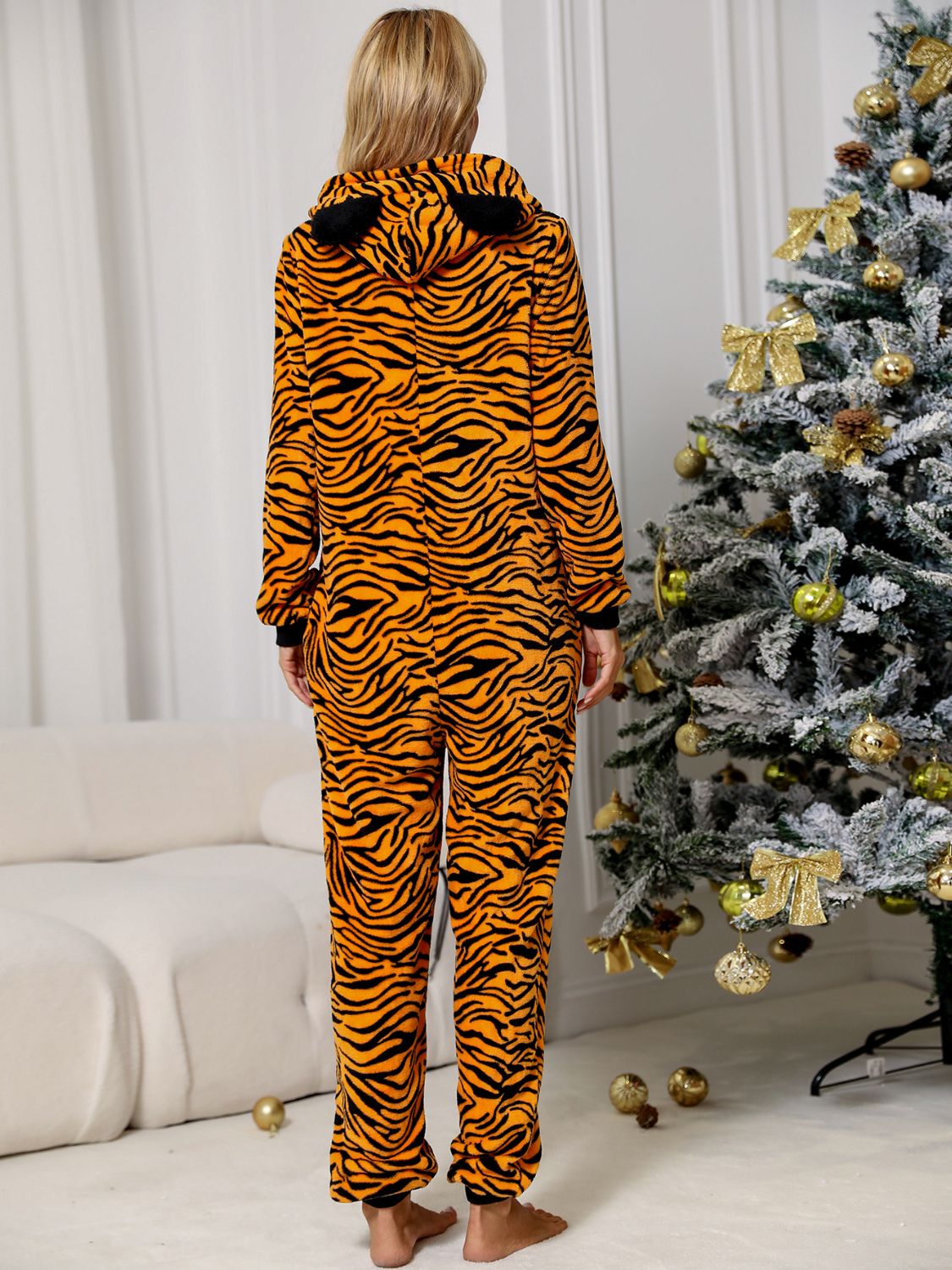 Animal Print Zip Front Lounge Jumpsuit with Pockets - Fashorio