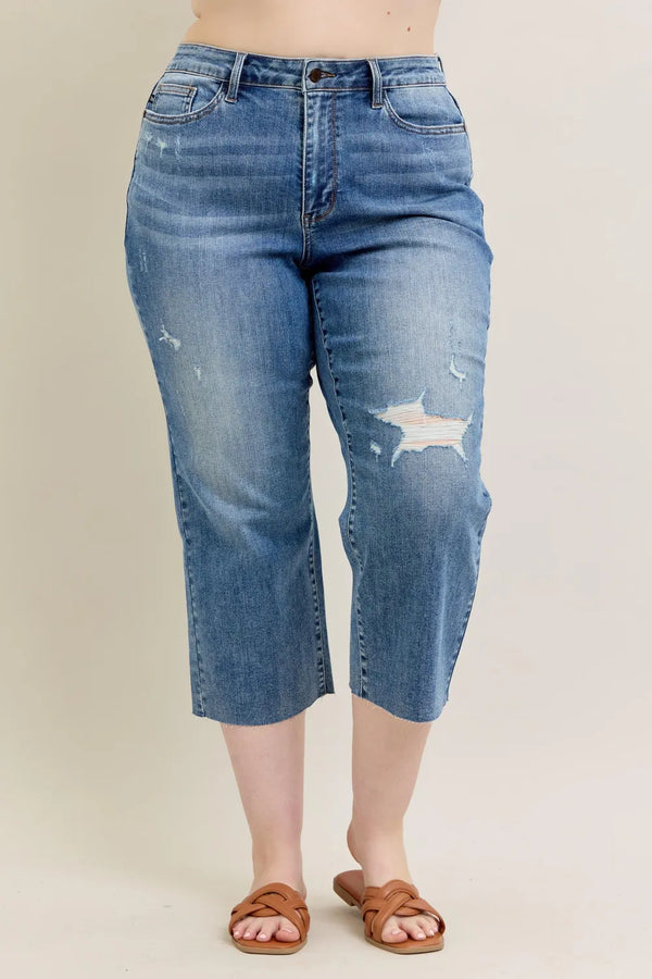 Judy Blue Plus Size High Waist Crop Wide Leg Jeans – Distressed Blue - Fashorio