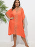 Crochet Trim V-Neck Beach Cover Up Dress Orange One Size - Fashorio