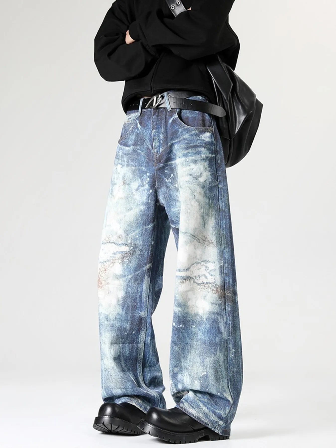 Men's Full Size Vintage Distressed Wide Leg Relaxed Fit Jeans Plus Size - Fashorio