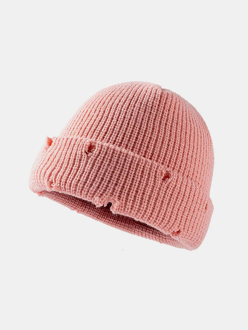 Distressed Cuffed Knit Hat Pink One Size - Fashorio
