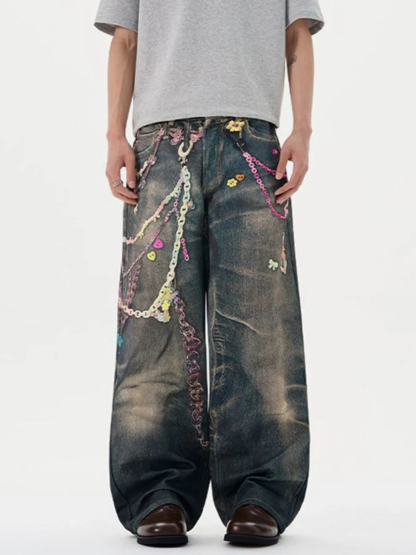 Men's Printed Washed Distressed Wide Leg Jeans - Fashorio