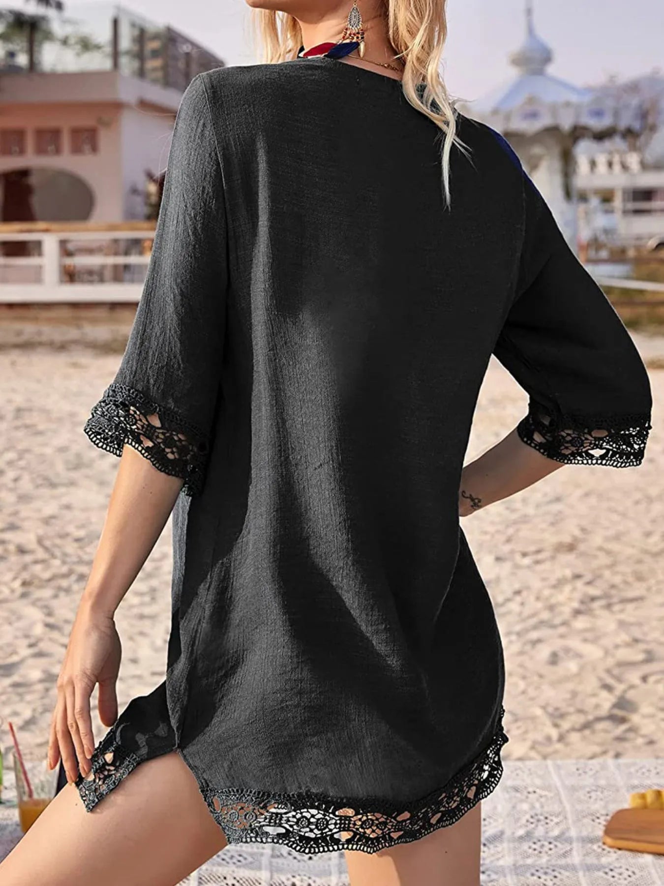 Lace Trim V-Neck Cover-Up - Fashorio