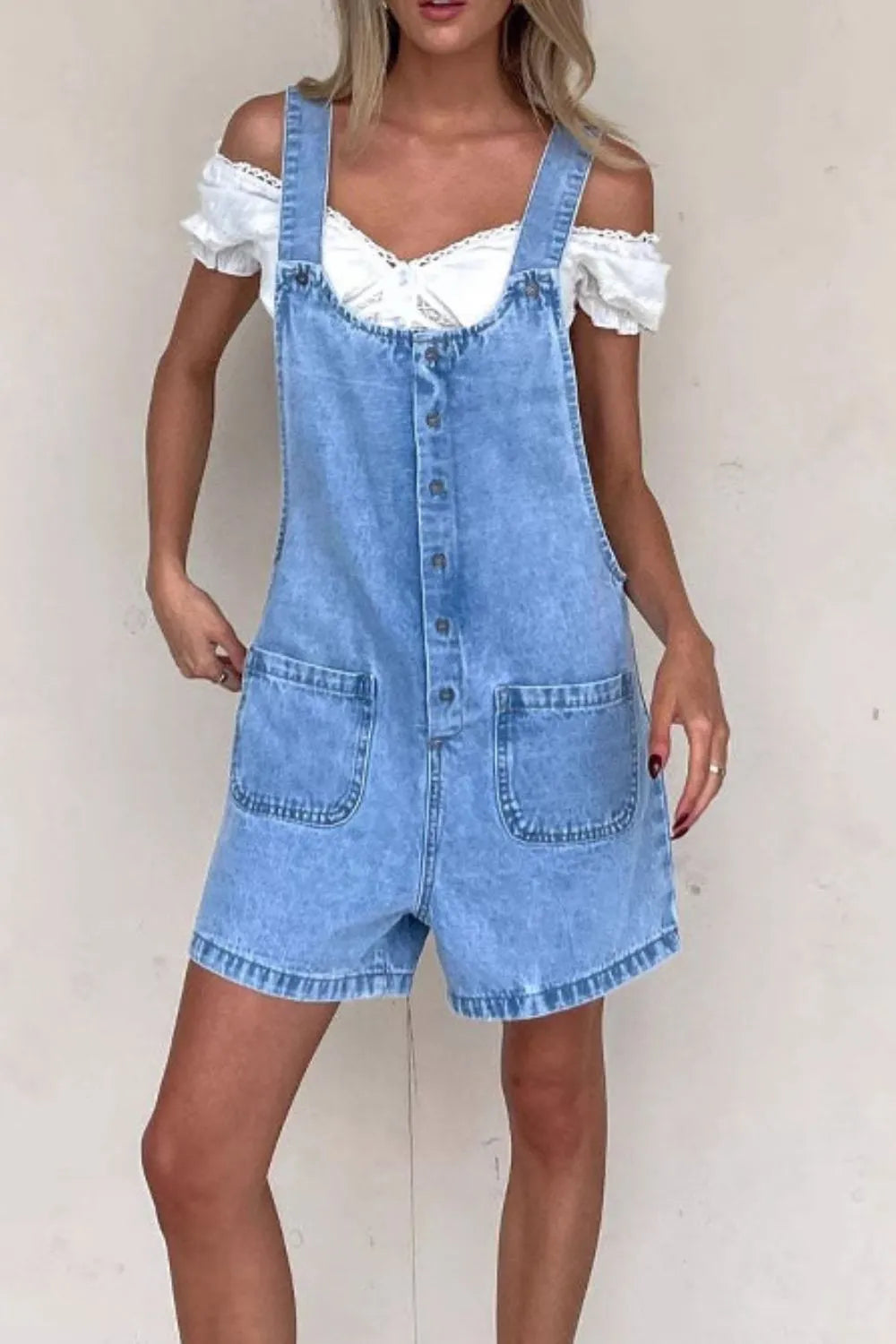 Button Front Denim Overall Shorts with Front Pockets - Fashorio