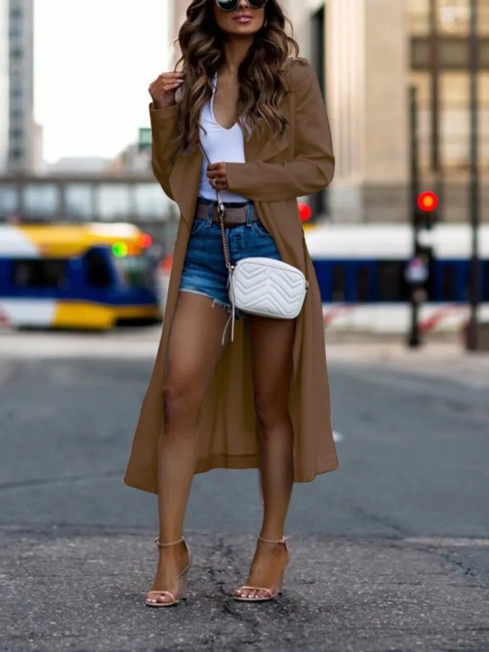 Collared Neck Long Sleeve Trench Coat - Fashorio