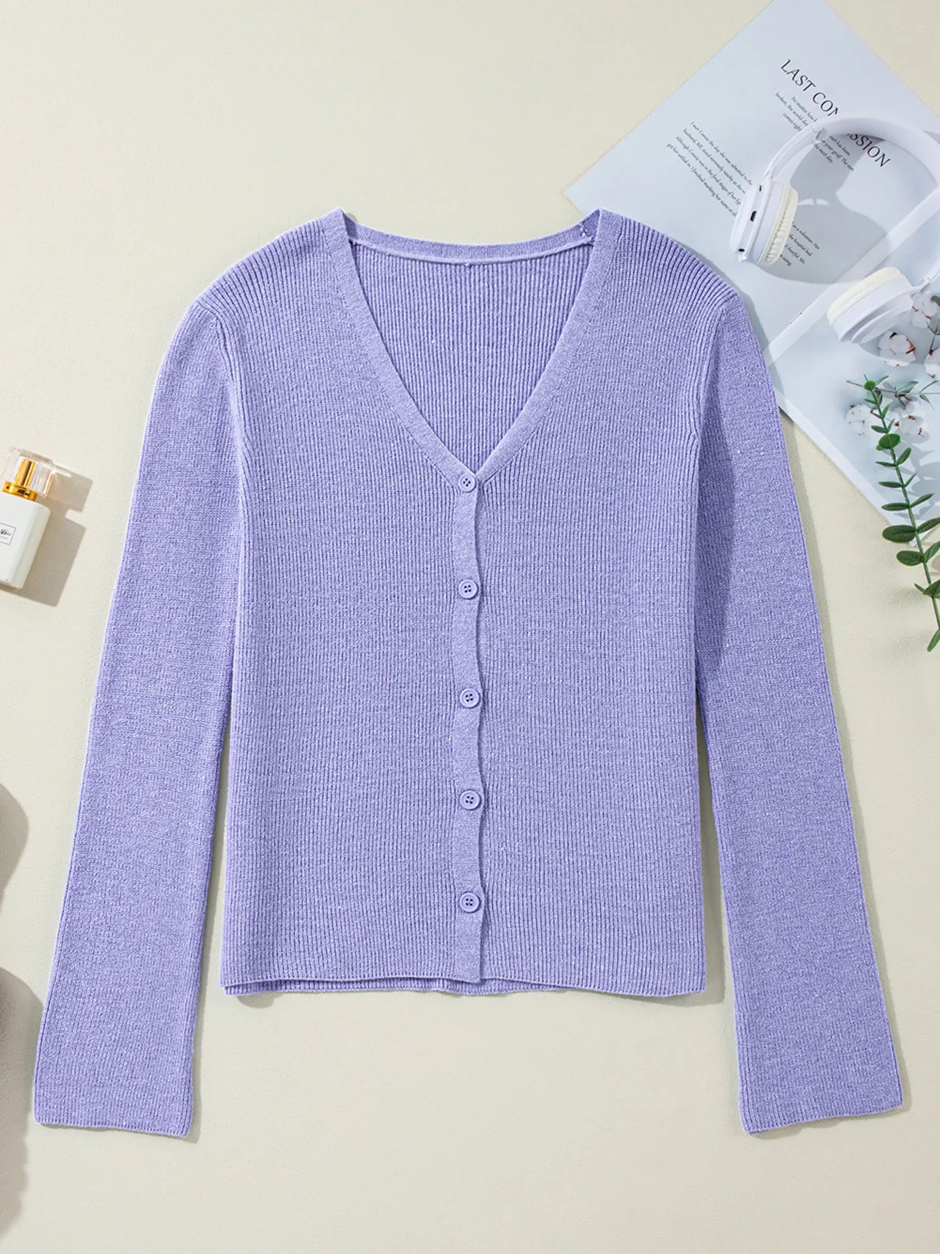 Ribbed Knit Button Front V Neck Cardigan - Fashorio