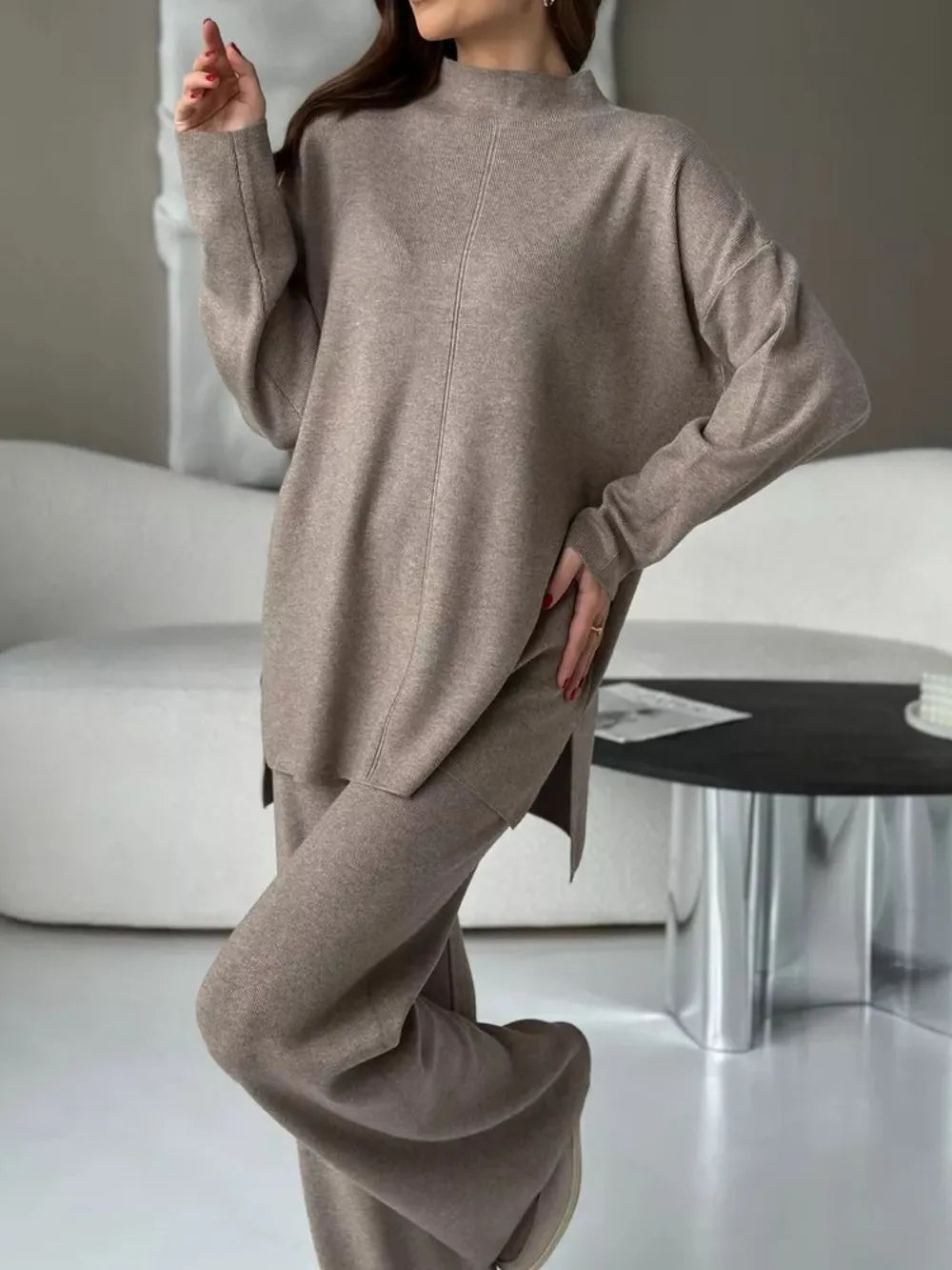 Slit Mock Neck Top and Pants Sweater Set Mocha - Fashorio