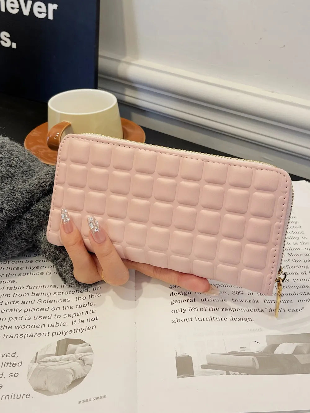 PU Leather Solid Color Wallet Blush Pink One Size - Fashorio