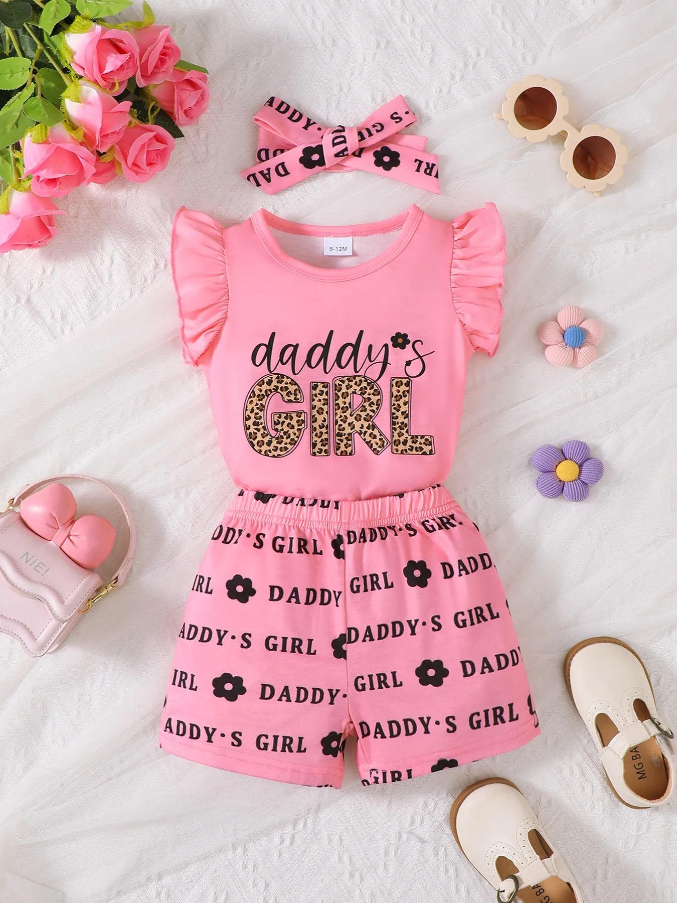 Children's Headband Letter Ruffle Sleeve Top and Shorts 3-Piece Set Pink - Fashorio