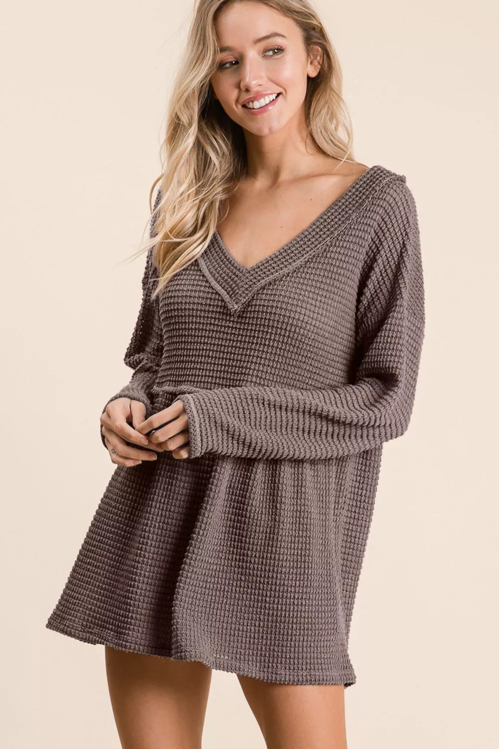 BiBi Waffle Knit V-Neck Babydoll Blouse - Fashorio