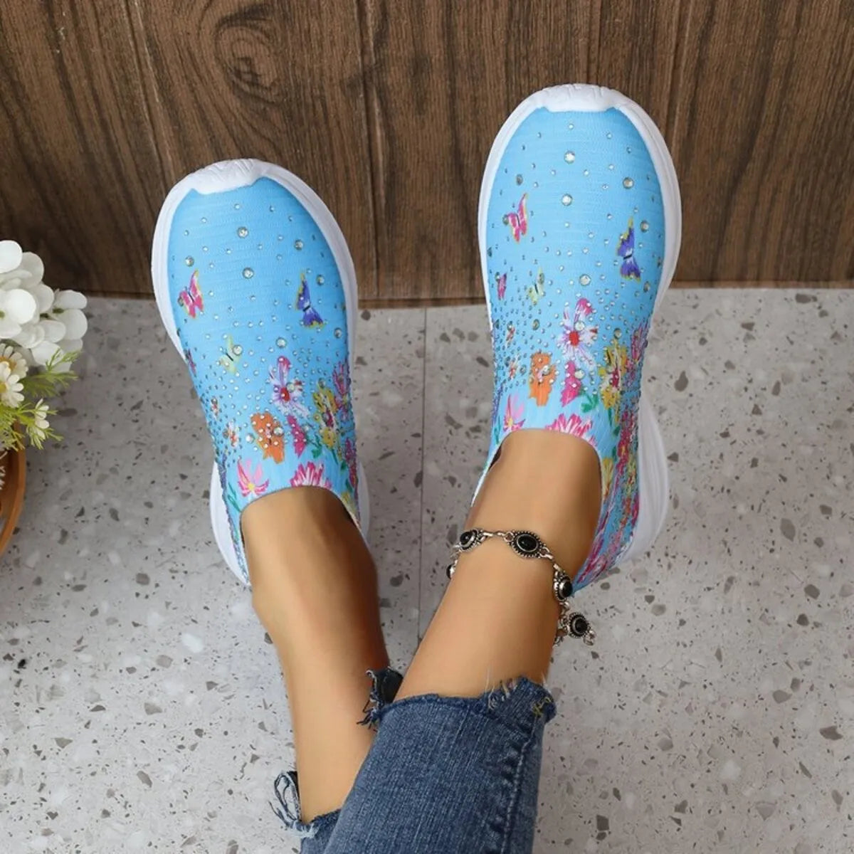 Rhinestone Floral Print Sneakers - Fashorio