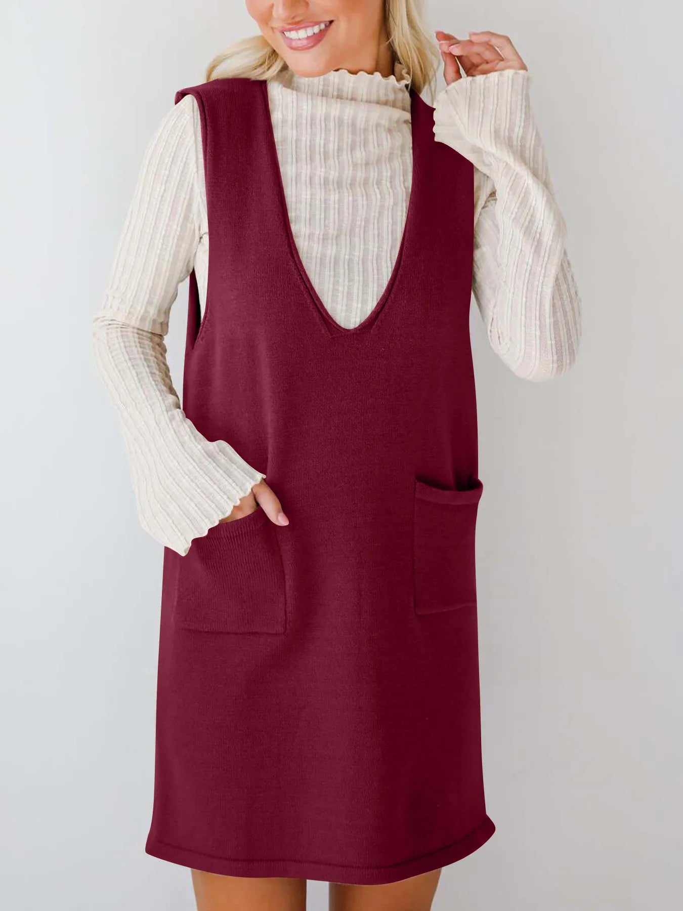 Sleeveless Knit Dress with Pockets Red - Fashorio