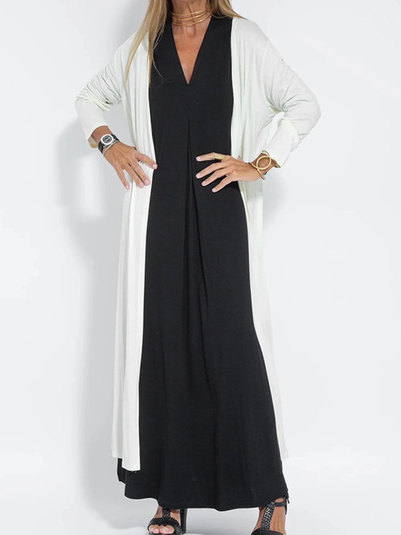 Full Size Open Front Side Slit Longline Cardigan Plus Size White - Fashorio