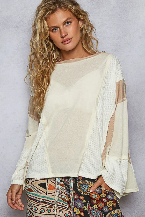 POL Contrast Round Neck Long Sleeve T-Shirt Cream - Fashorio