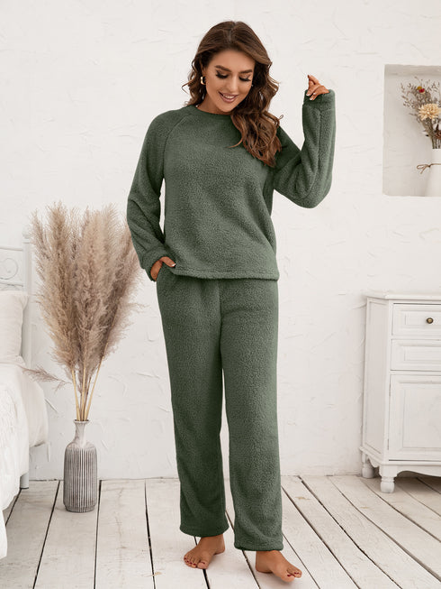 Ivy Lane Teddy Long Sleeve Top and Pants Lounge Set Matcha Green - Fashorio