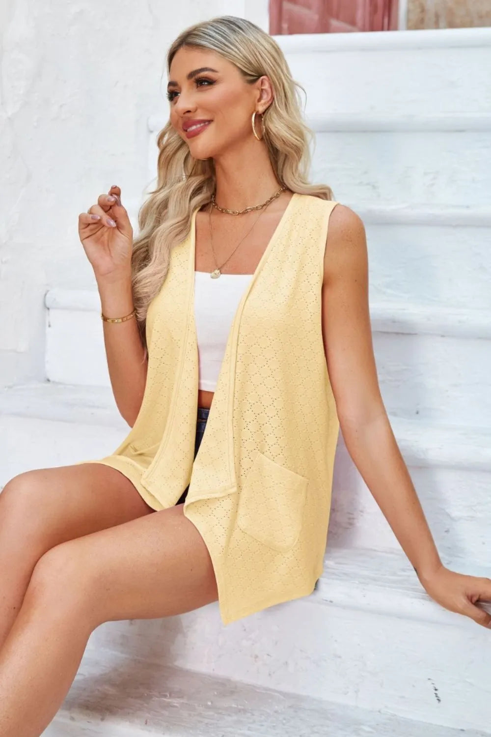 Eyelet Open Front Sleeveless Cardigan - Fashorio
